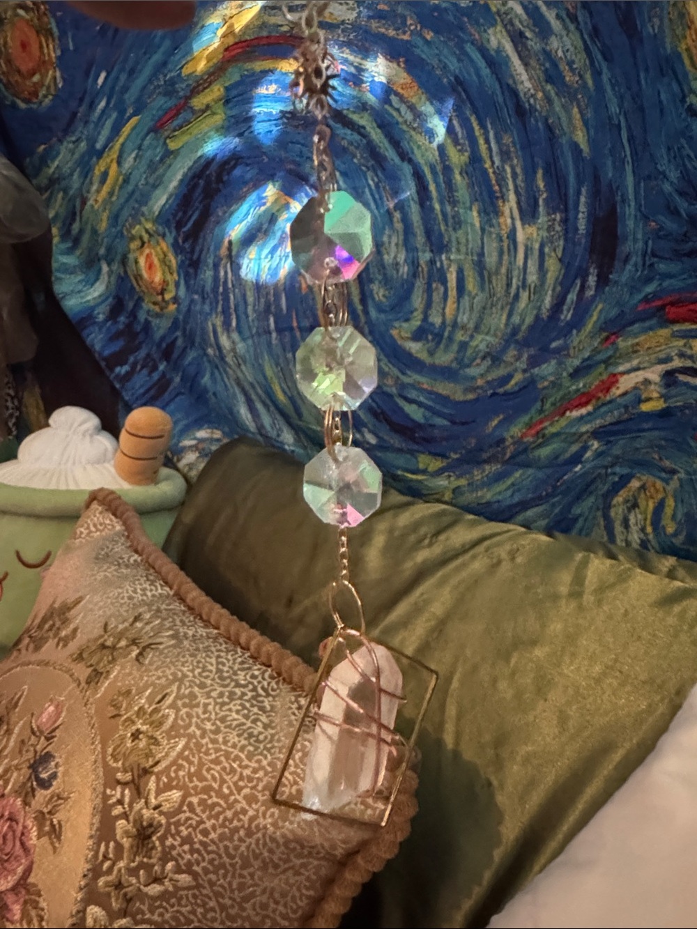 Real Quartz Crystal Prism Feather Hanging Ornament - Iridescent